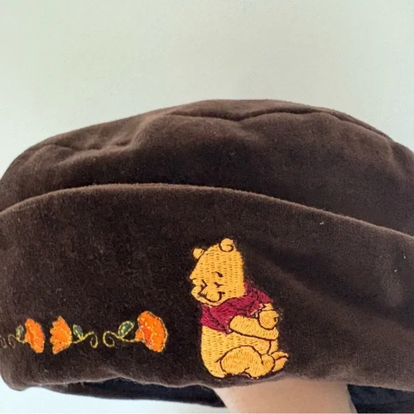 Winnie The Pooh Brown Beret Adult Hat Fall Pooh Orange Flowers 90s Embroidered - Picture 3 of 9